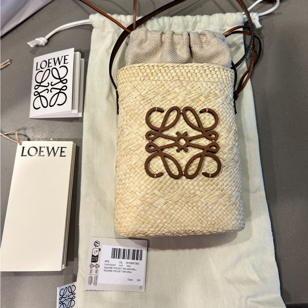 Loewe Square Pocket in Natural Palm Leaf with Calfskin Logo
